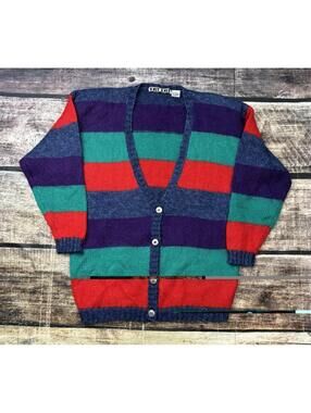 VTG Knit Knit Cardigan Sweater Womens Medium Mohair Blend Stripe Metal Buttons